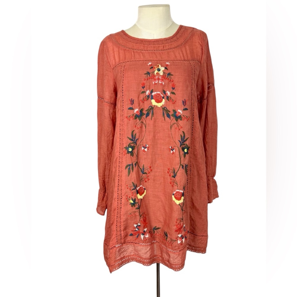 Embroidered Boho dress tunic size Small terra cotta lace cottagecore